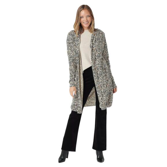 Soft by Naadam Leopard Cashmere Longline Open Front Duster Sweater - Picture 1 of 9